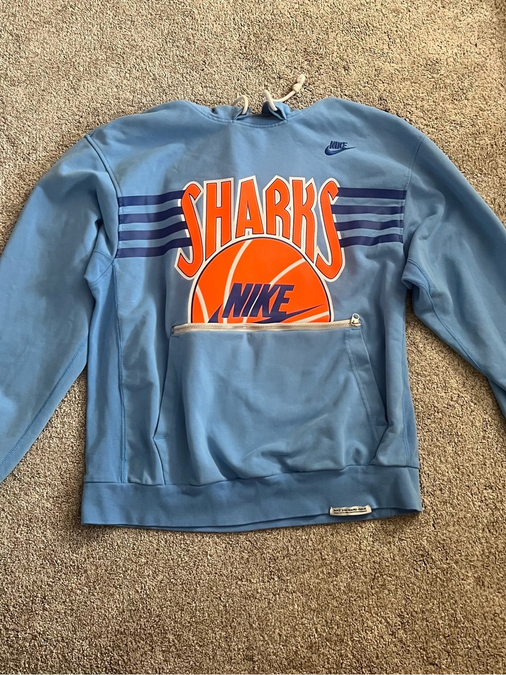 Nike Sharks Boys’s Retro Light Blue Pullover Hoodie with Zipper Pocket Size M